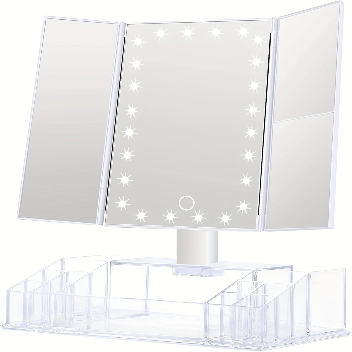 Makeup Mirror Tri-Fold Vanity with 24 LEDs, 1X 2X and 3X Panels, Touch Dimming, Storage Base and Dual Power