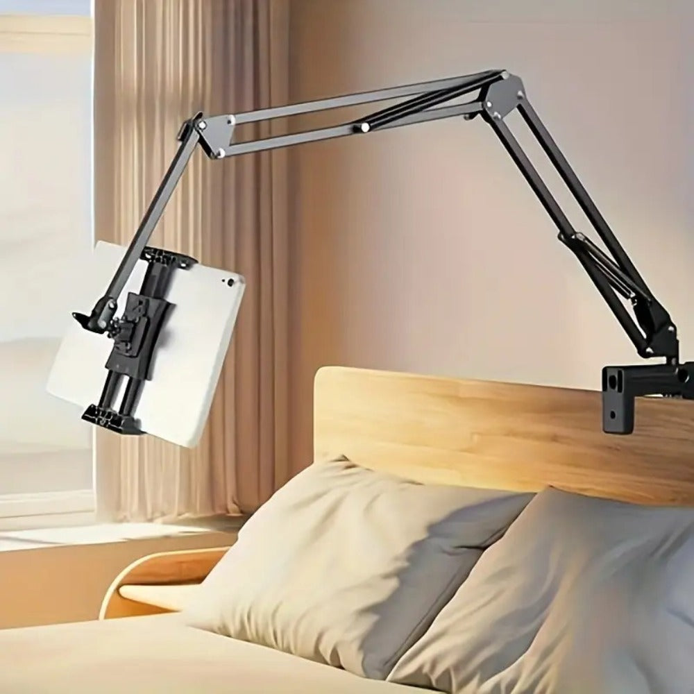 Long-Arm Tablet Stand with Desk Clamp, Two 35 cm Articulating Sections and Rotating 4–13 Inch Device Holder