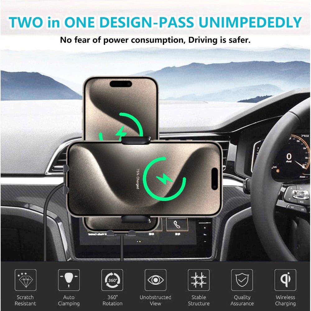 4-Color Wireless Car Charger Mount 15W Qi Auto-Clamping – Fast Wireless Charging Phone Holder for iPhone 17 16 15 14 13 12 11 Pro Max