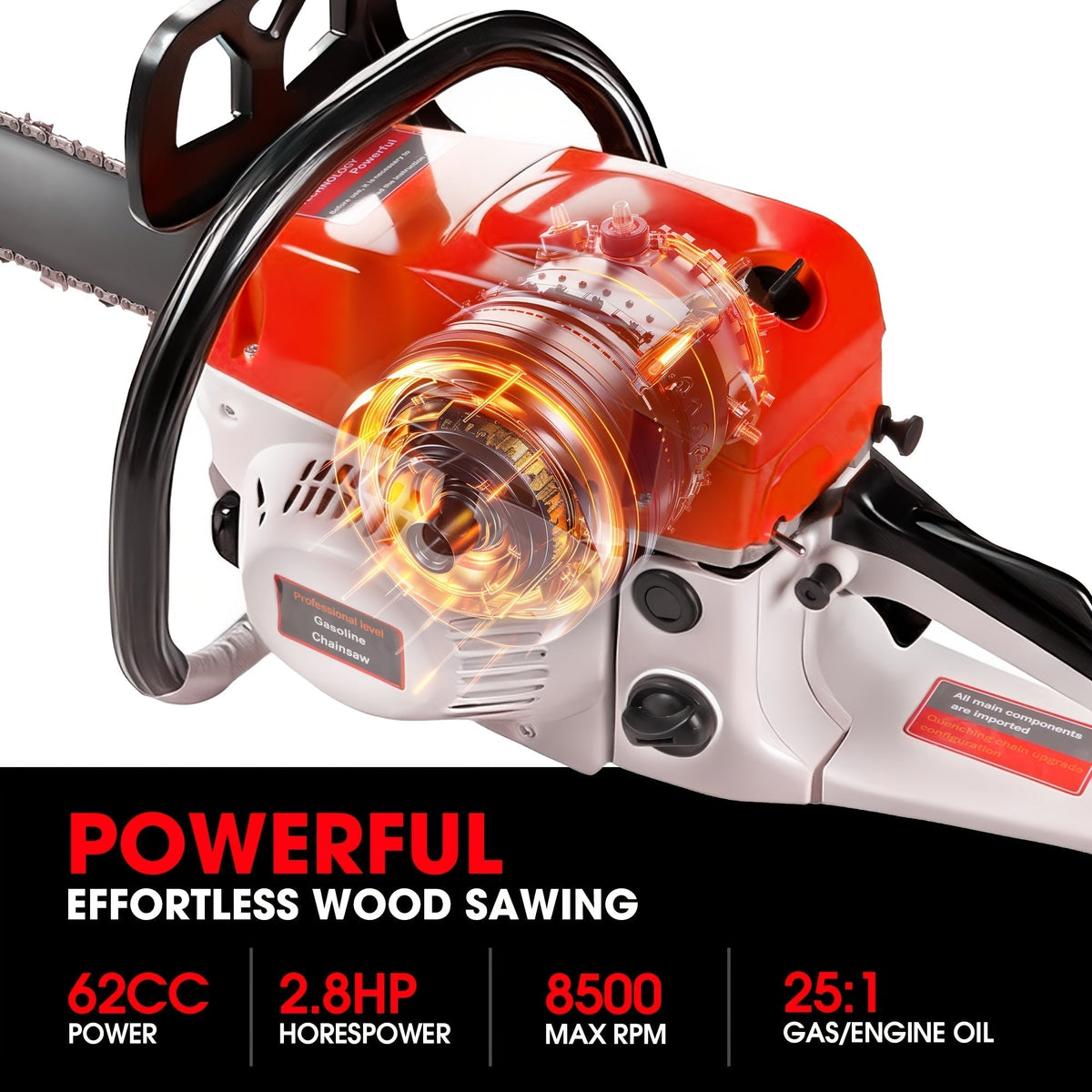 62CC Gas Chainsaw with 20-Inch Guide Bar in Five Red and Orange Checkout Configuration Options