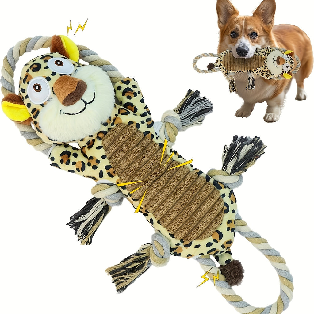 Dog Toy Plush Rope Animal with Squeaker, Crinkle Paper and Four Styles for Chew, Tug and Fetch Play