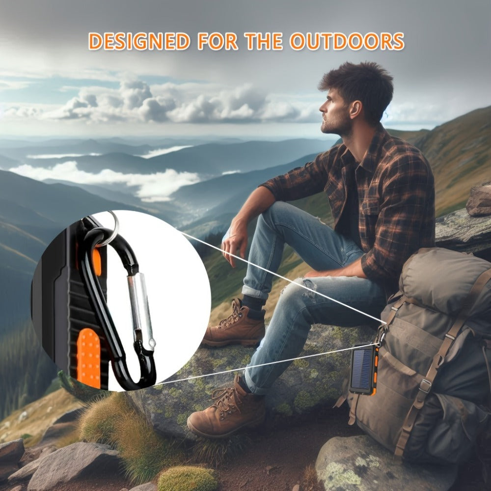 Solar Power Bank, 10000mAh USB Charger with Solar Panel, LED Flashlight, Compass, Data Cable and Backpack Hook