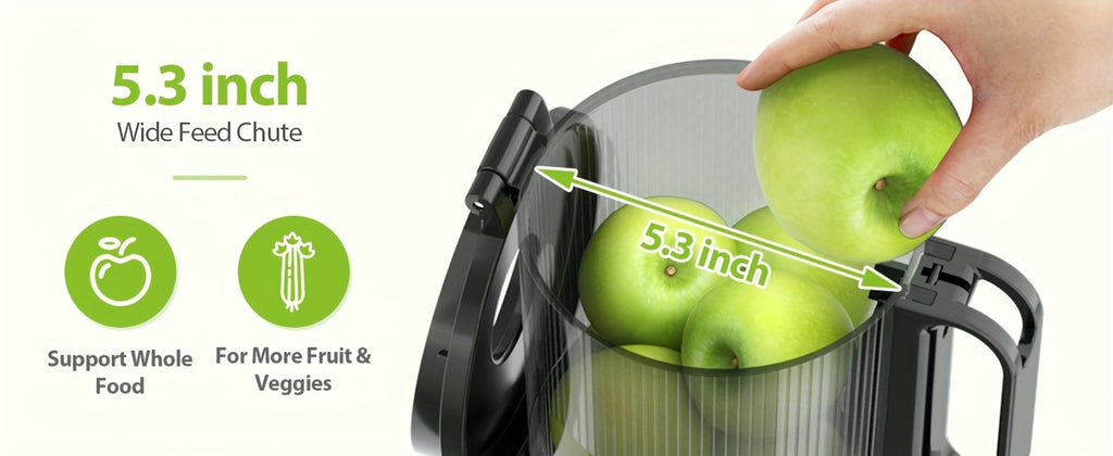 Cold Press Slow Juicer Machine with 5.3-Inch Large Feed Chute - High Juice Yield, Safety Lock, One-Click Cleaning