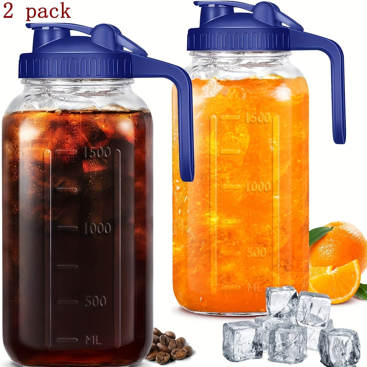 Glass Pitcher Set, 64oz Wide-Mouth Mason Jars with Pour-Spout Lids in Two-Pack or Three-Pack Options