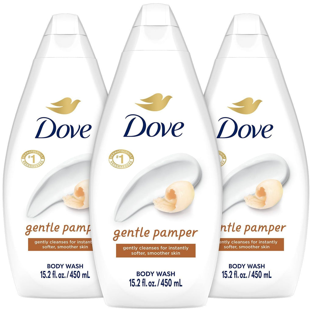 Three-Pack Dove Gentle Pamper Body Wash with 450ml Flip-Cap Bottles and Matching Front Labels