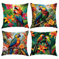 Four-Piece Tropical Pillow Cover Set, 18 x 18 Inches with Parrot and Floral Prints on Polyester Covers