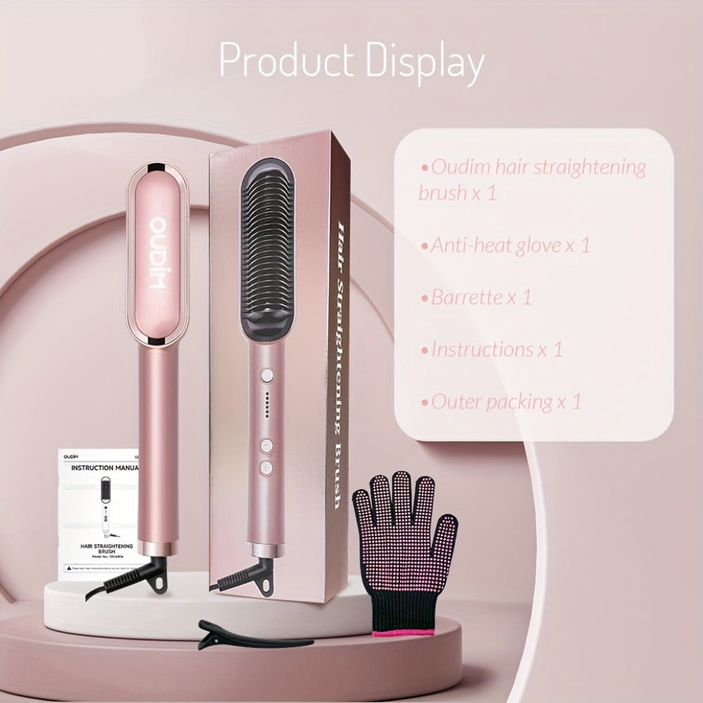 OD-6801 Black or OD-6806 Rose-Gold Heated Straightening Brush with Display, Glove and Three-Button Controls