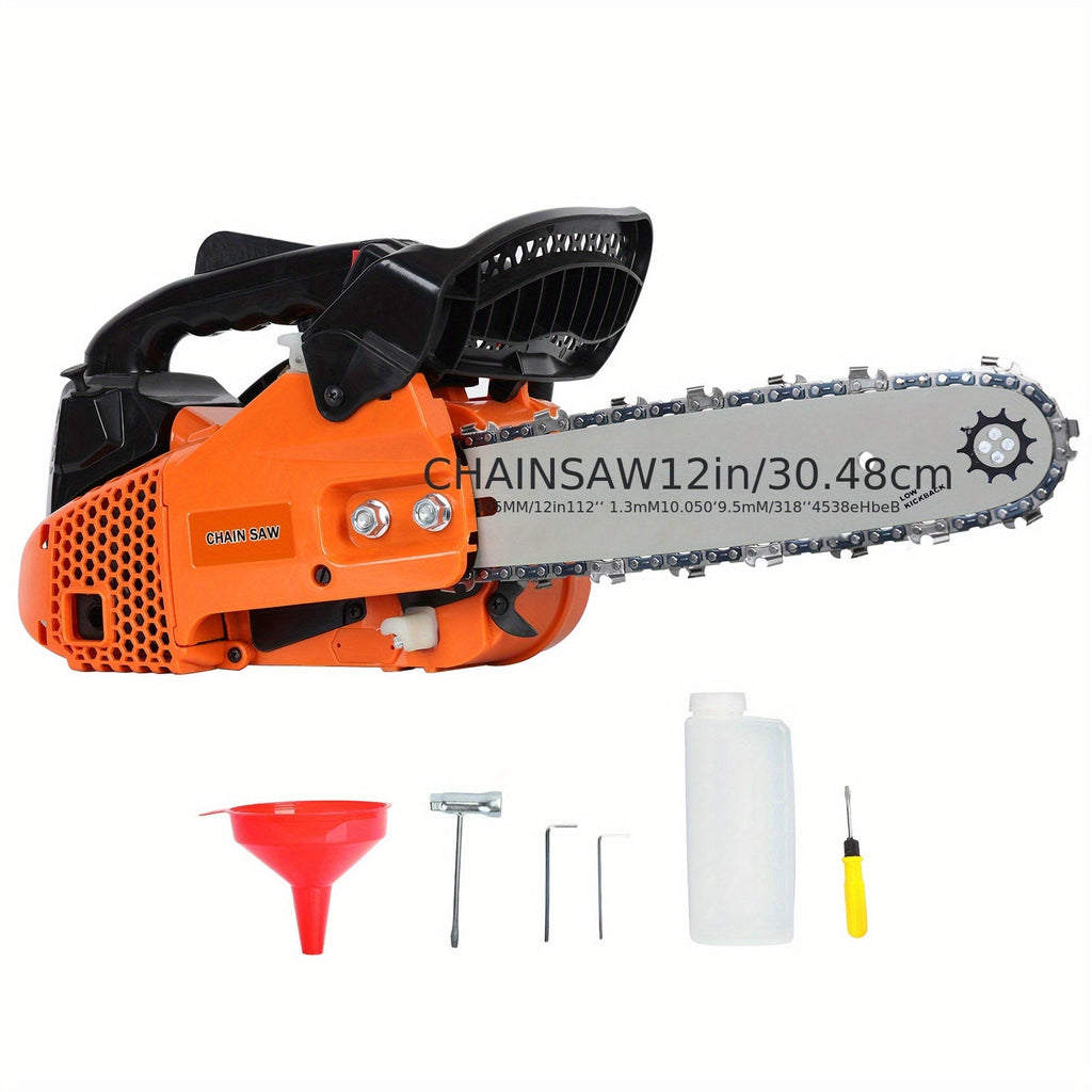 Compact 25.4CC Gas Chainsaw with 12-Inch Guide Bar and Orange Two-Stroke Engine Housing Design