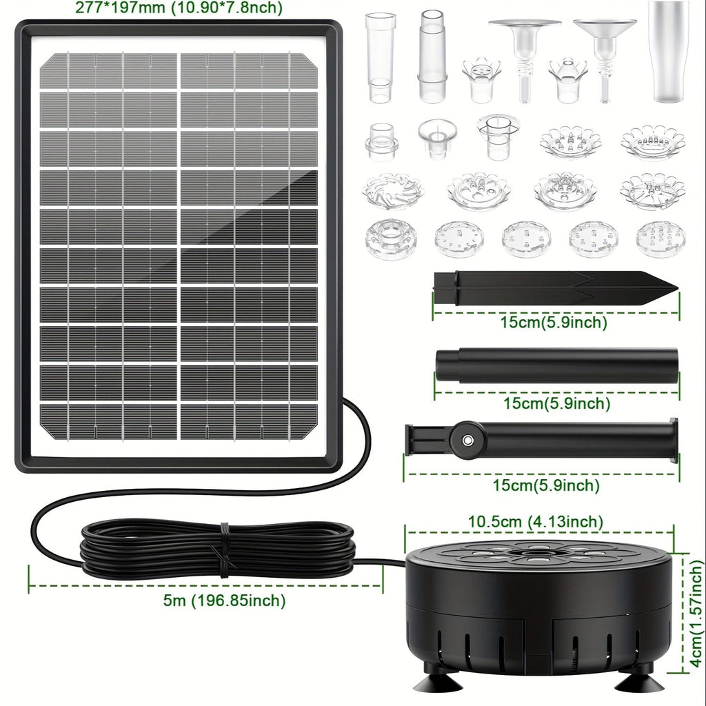 LED Solar Fountain Pump with 10W Separate-Panel and Round Disc Options, Eight Lights and Spray Fittings