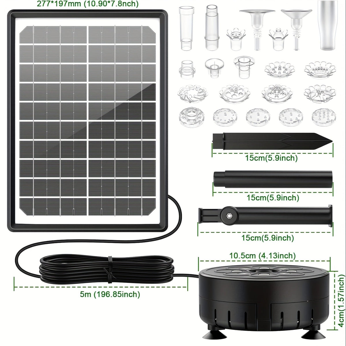 LED Solar Fountain Pump with 10W Separate-Panel and Round Disc Options, Eight Lights and Spray Fittings