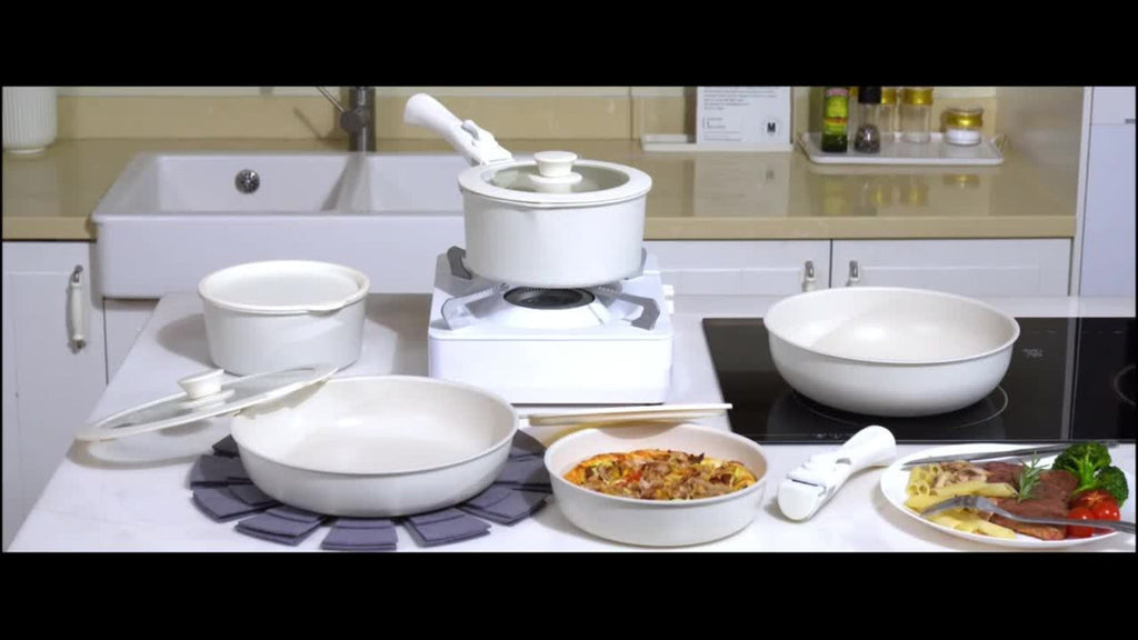 Detachable-Handle Cookware Set in 5-, 7- or 24-Piece Configurations with Stackable Pots, Pans and Lids