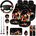 Car Seat Covers 17-Piece Red and Black Forest Mushroom Pattern Interior Accessory Set for Cabin Styling