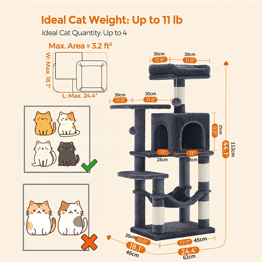 44- or 66-Inch Cat Tree Condo with Cave, Hammock, Raised Platforms and Four Color Options for Indoor Cats