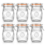 Mason Jars 6-Pack, 32 oz Wide-Mouth Glass Canisters with Hinged Lids and Sunflower Pattern for Coffee, Sugar, Beans and Spices