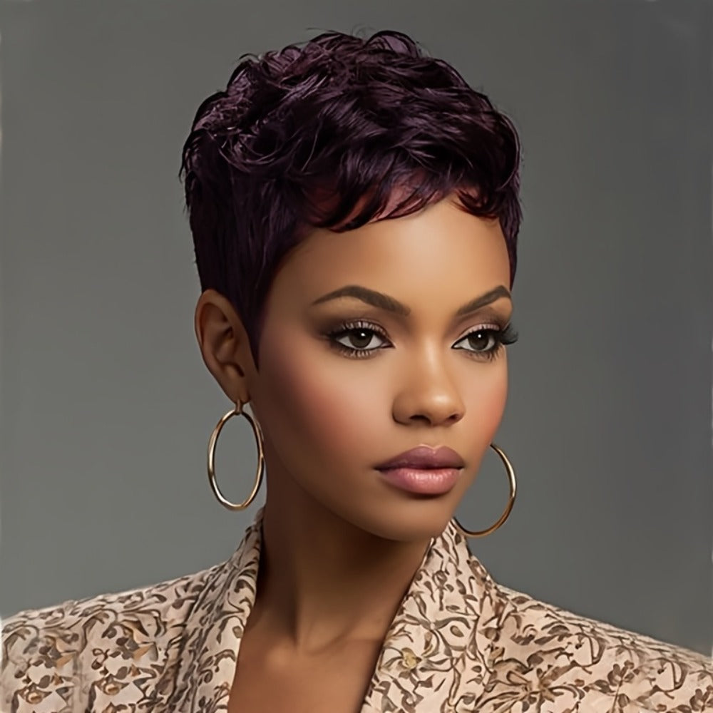 Synthetic Wig 4-Inch Wavy Pixie Cut with Bangs in Dark Brown, Deep Purple or Burgundy for Cosplay