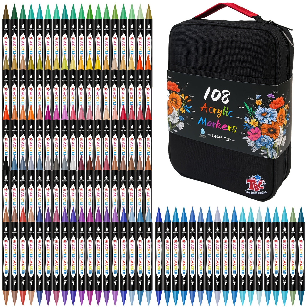Acrylic Paint Markers with Canvas Bag Dual Tip 48 72 108 Colors, Double Zipper Premium Storage
