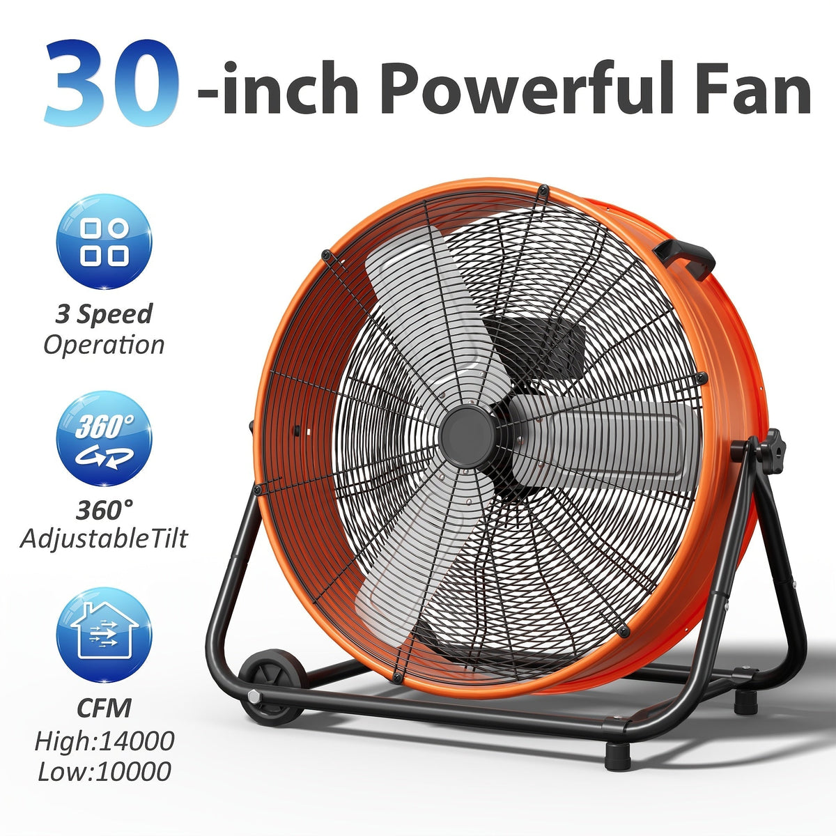 Industrial Drum Floor Fan with Three Speeds, Tilt Frame and 24- or 30-Inch Black, Orange, Green or Yellow Options