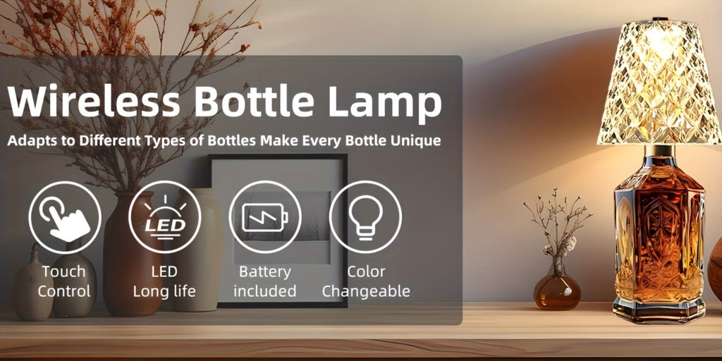 Rechargeable LED Bottle Table Lamp 2 Pack – Crystal Acrylic Wine Bottle Design, 2000mAh Cordless, 3 Color Modes