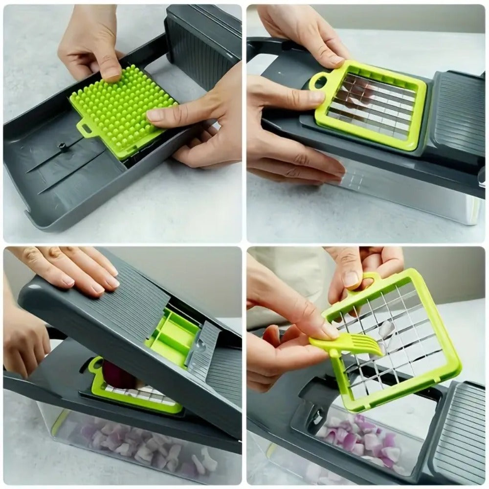 16-in-1 Vegetable Chopper with Clear Container, Eight Blade Inserts, Cleaning Button and Green Accessory Set