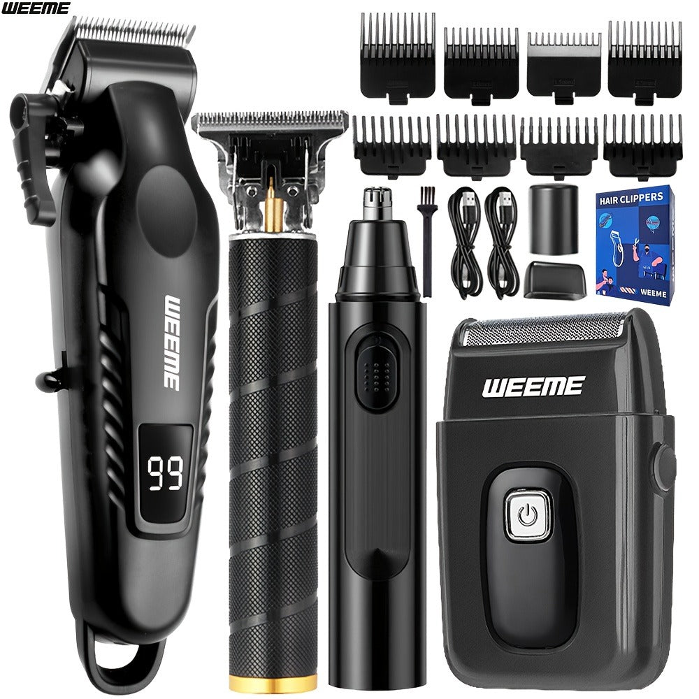 Men's Grooming Kit 4-Piece Set, USB Rechargeable Hair Clipper, Nose Trimmer, Electric Shaver & T9 Detailer with 8 Guide Combs