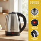 Electric Kettle by LONGADS, 2L 1000W Stainless Steel Body with Seamless Interior and Black Trim