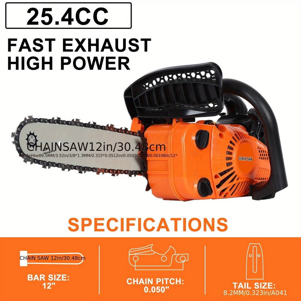 Compact 25.4CC Gas Chainsaw with 12-Inch Guide Bar and Orange Two-Stroke Engine Housing Design