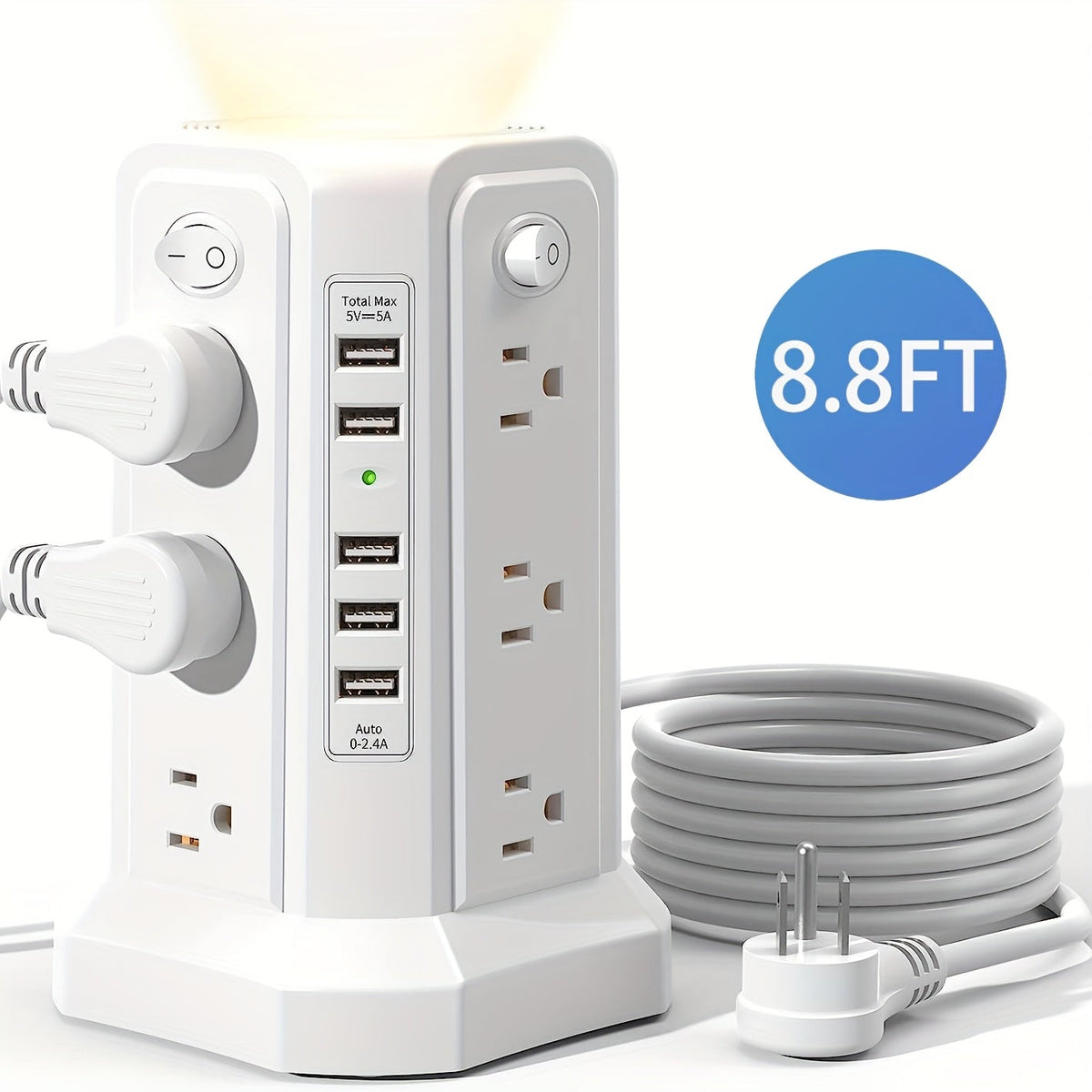 Night Light Power Tower Surge Protector 17-in-1, 12 AC Outlets & 5 USB Ports, 10.2ft Extension Cord