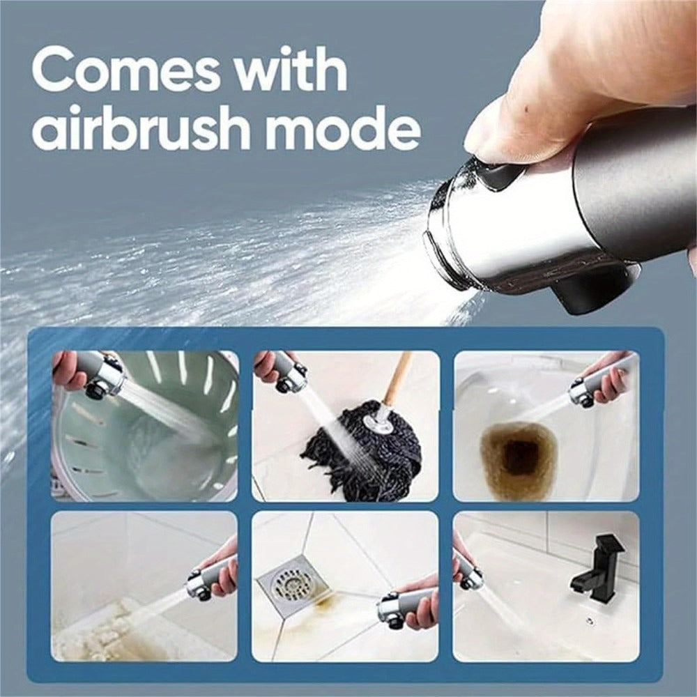 Handheld Shower Head with Rotating Spray Selector, On-Off Button, Hose, Five Cartridges and Two Bracket Options