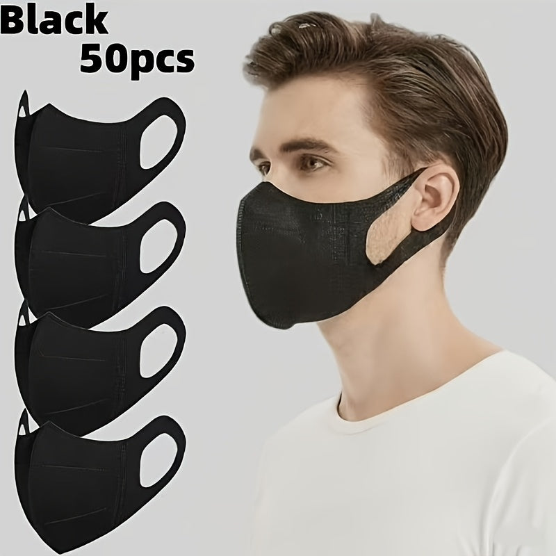 Face Mask, 50-Piece Disposable 3D Foldable Face Coverings in Black or White with Wide Ear Loops and Wrapping