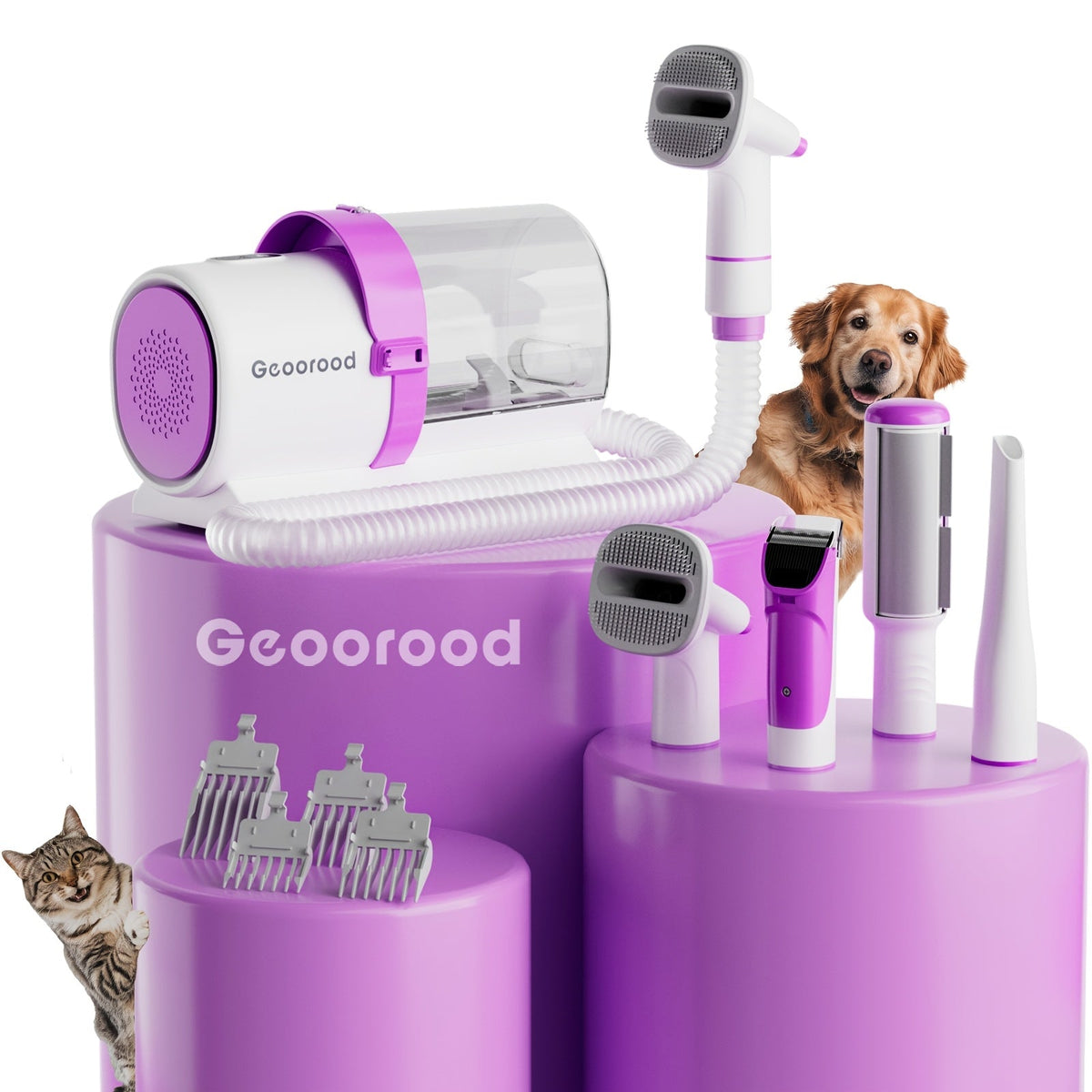 Pet Grooming Vacuum Kit with 2.5L Collection Cup, Electric Clipper, Hose and Four Pictured Tool Attachments