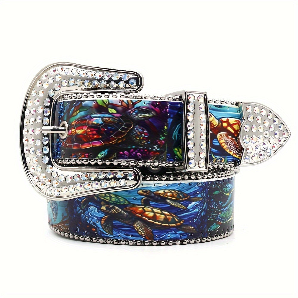 Belt Unisex Sea Turtle Print Faux Leather with Rhinestones, Three Lengths and Western Buckle
