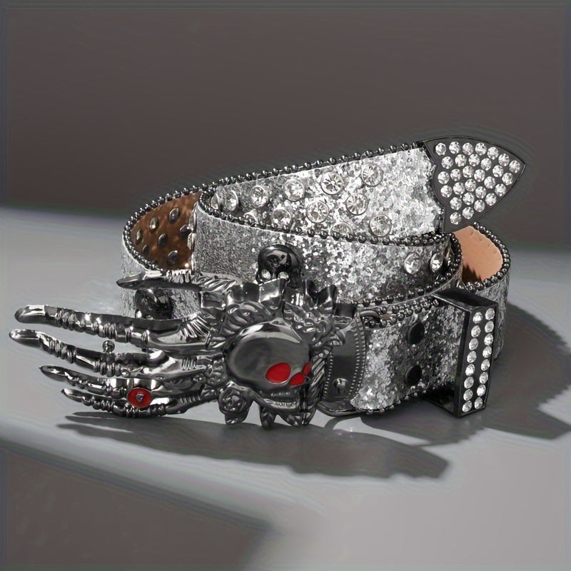 Rhinestone Belt with Skull-Hand Buckle, Faux-Leather-Labeled 110cm Strap and Five Color Options