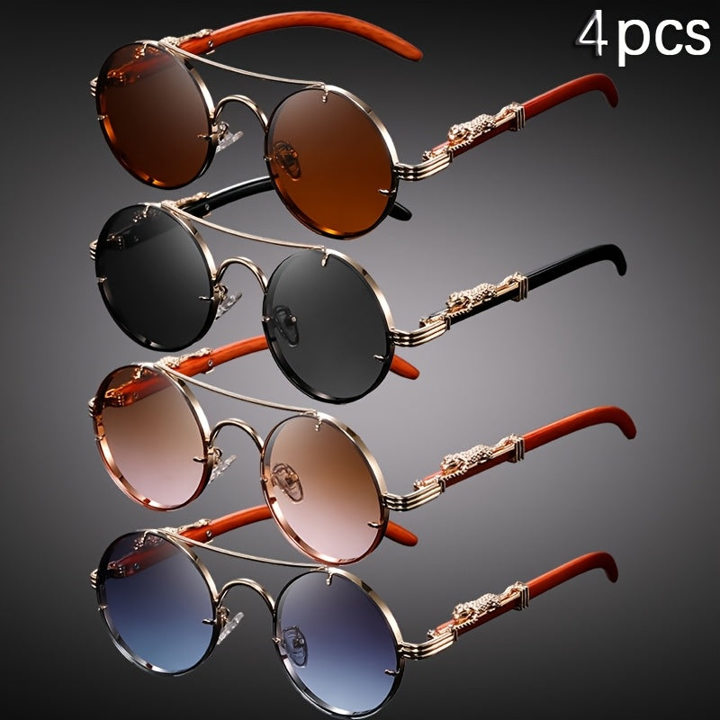 Fashion Glasses - Round 4-Pack Punk Rock Metal Frame, Leopard Print Hinges, Tortoiseshell - product detail view 8