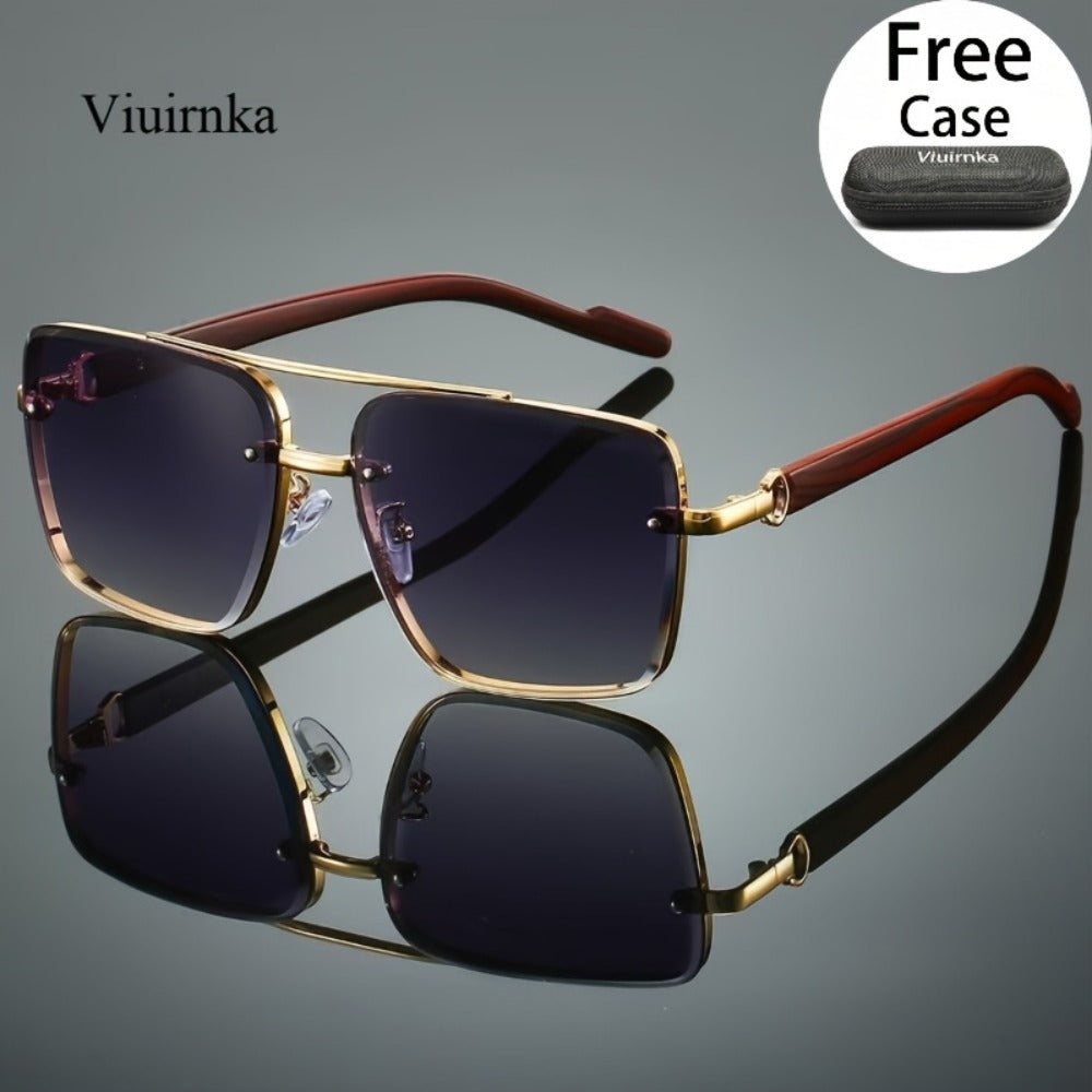 Fashion Sunglasses - Square Double Bridge Wood Grain Gold Frame Gradient Lenses Unisex Retro - product detail view 3