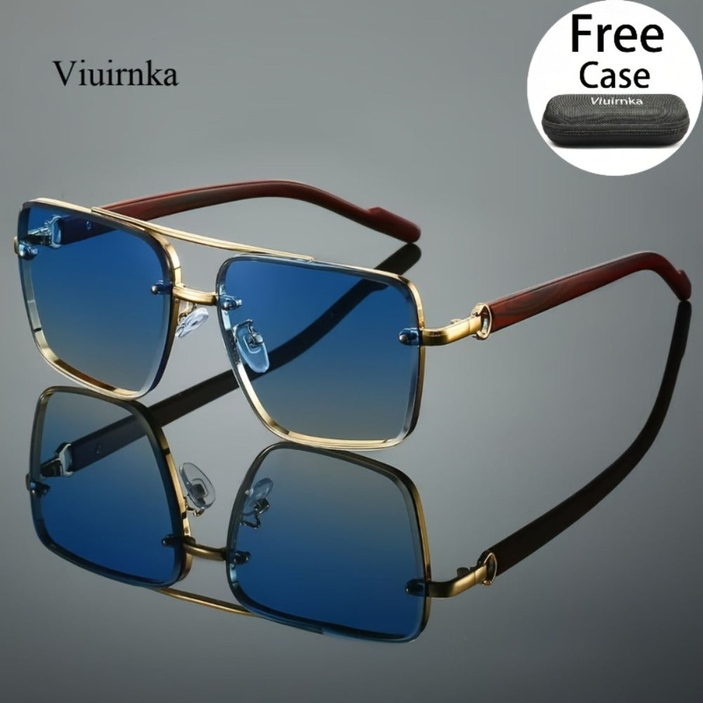 Fashion Sunglasses - Square Double Bridge Wood Grain Gold Frame Gradient Lenses Unisex Retro - product detail view 7