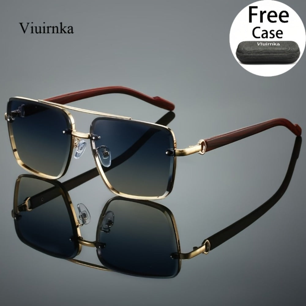 Fashion Sunglasses - Square Double Bridge Wood Grain Gold Frame Gradient Lenses Unisex Retro - product detail view 9