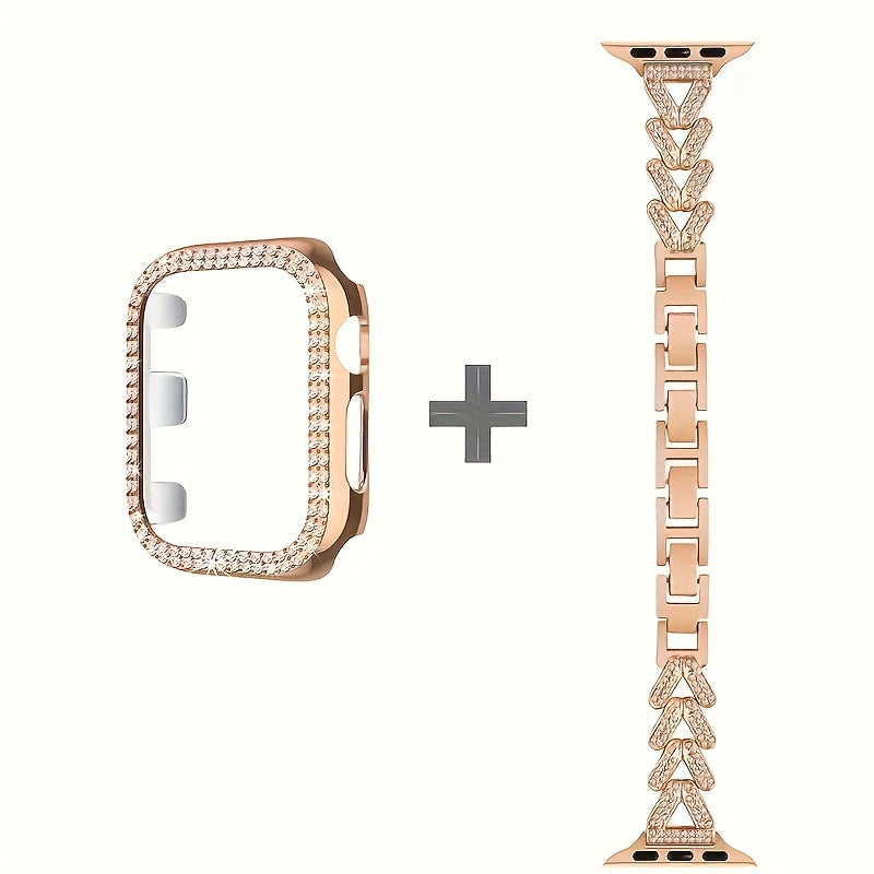 Double-Row Wheat-Ear Link Watch Band and Rhinestone Case Set for Apple Watch in 36 Color-and-Model Options