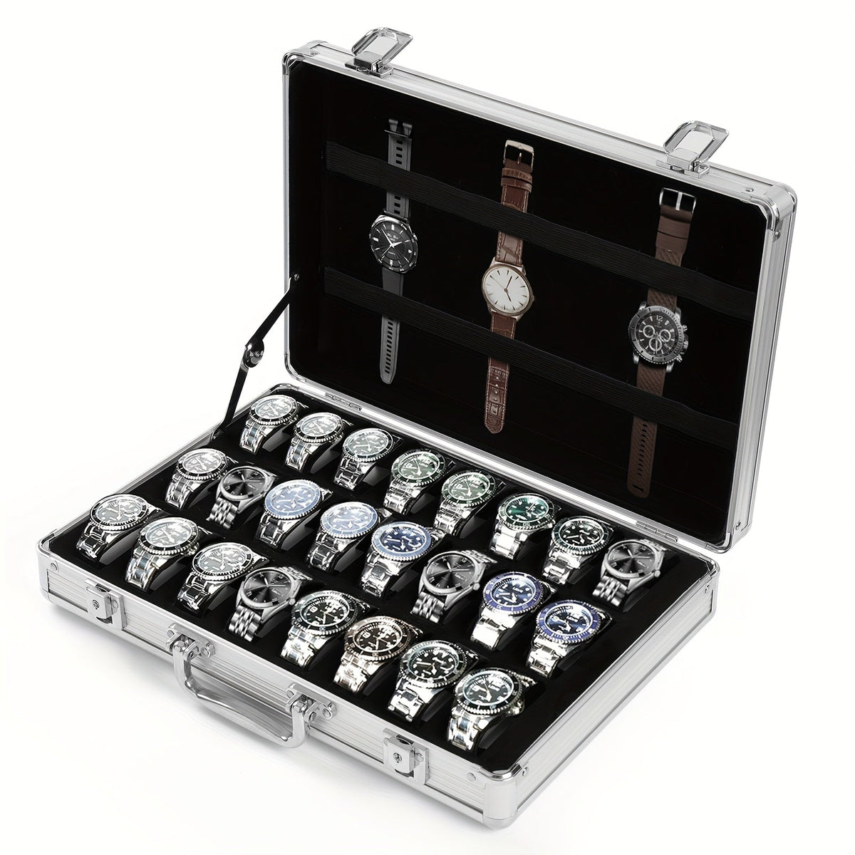 Fashion Watch – Watch Display Case 24 Slot Lockable Aluminum – Portable Watch Storage Box with Latch Closure