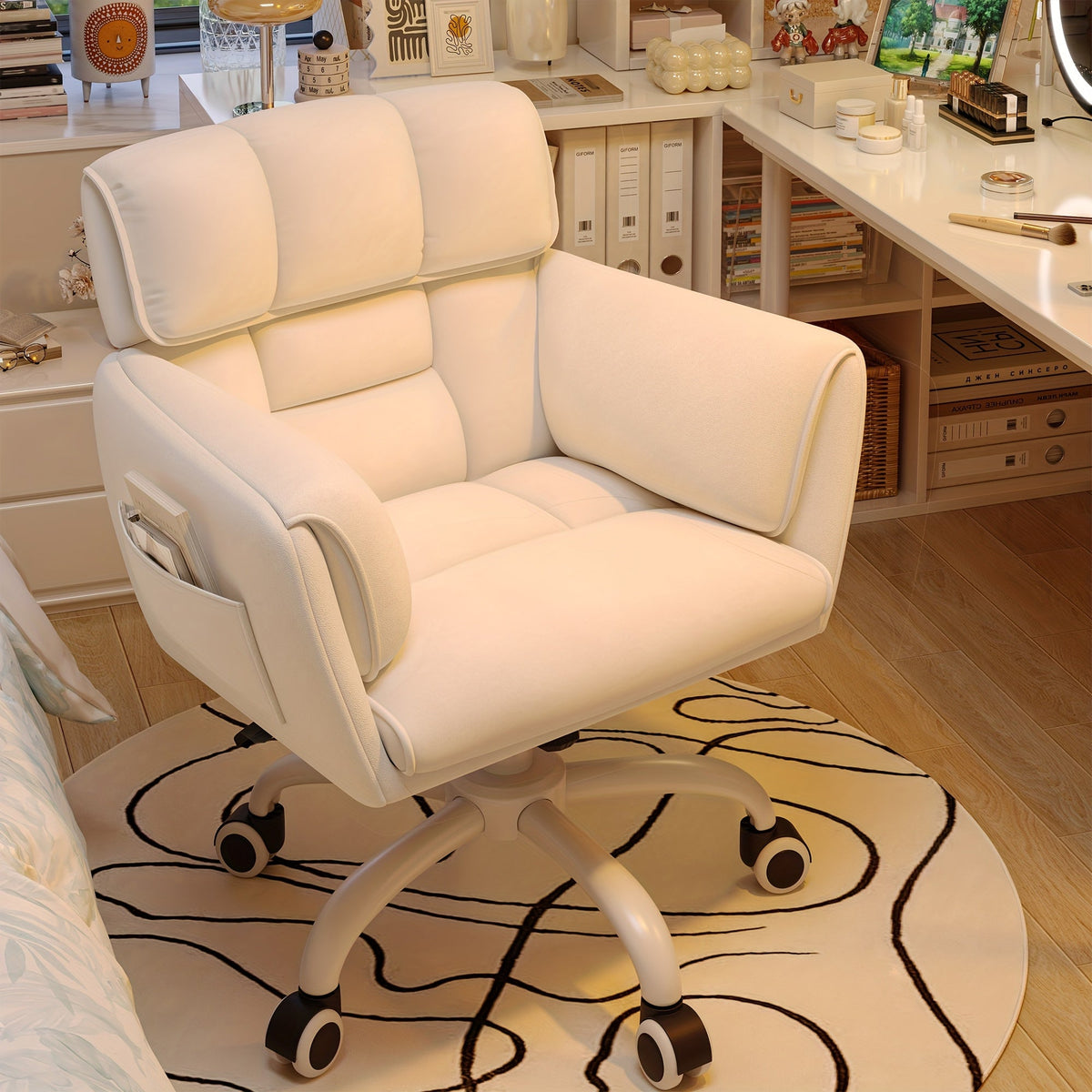 Faux Leather Swivel Chair with Adjustable-Height Seat, Wheeled Base and Five Colors, About 25.19 Inches Wide