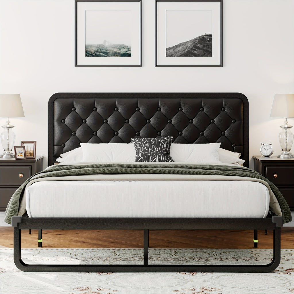 Bed Frame Upholstered Platform with Button-Tufted Headboard, 12-Inch Clearance and Two Material Options