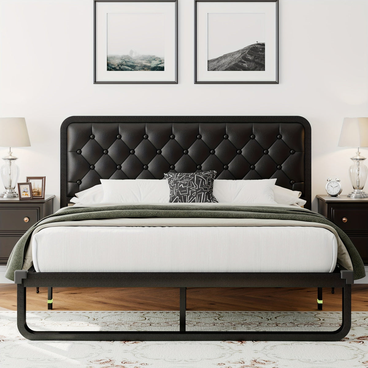Bed Frame Upholstered Platform with Button-Tufted Headboard, 12-Inch Clearance and Two Material Options