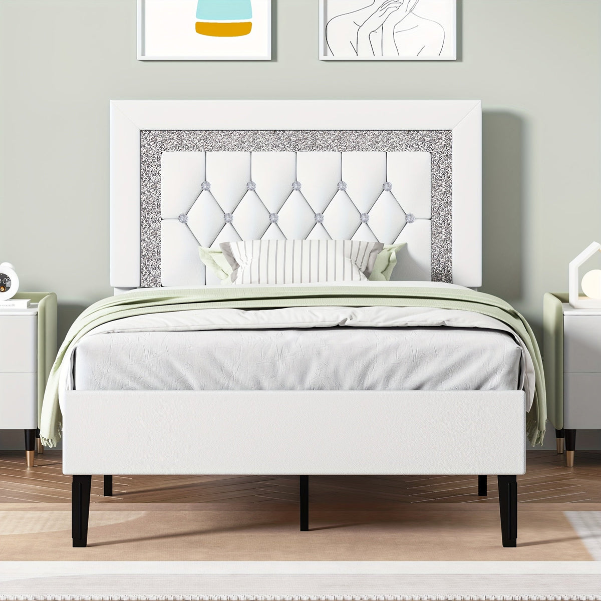 Bed Frame PU Leather Platform with Diamond-Tufted Headboard, Wood Slats and 900 lb Weight Capacity