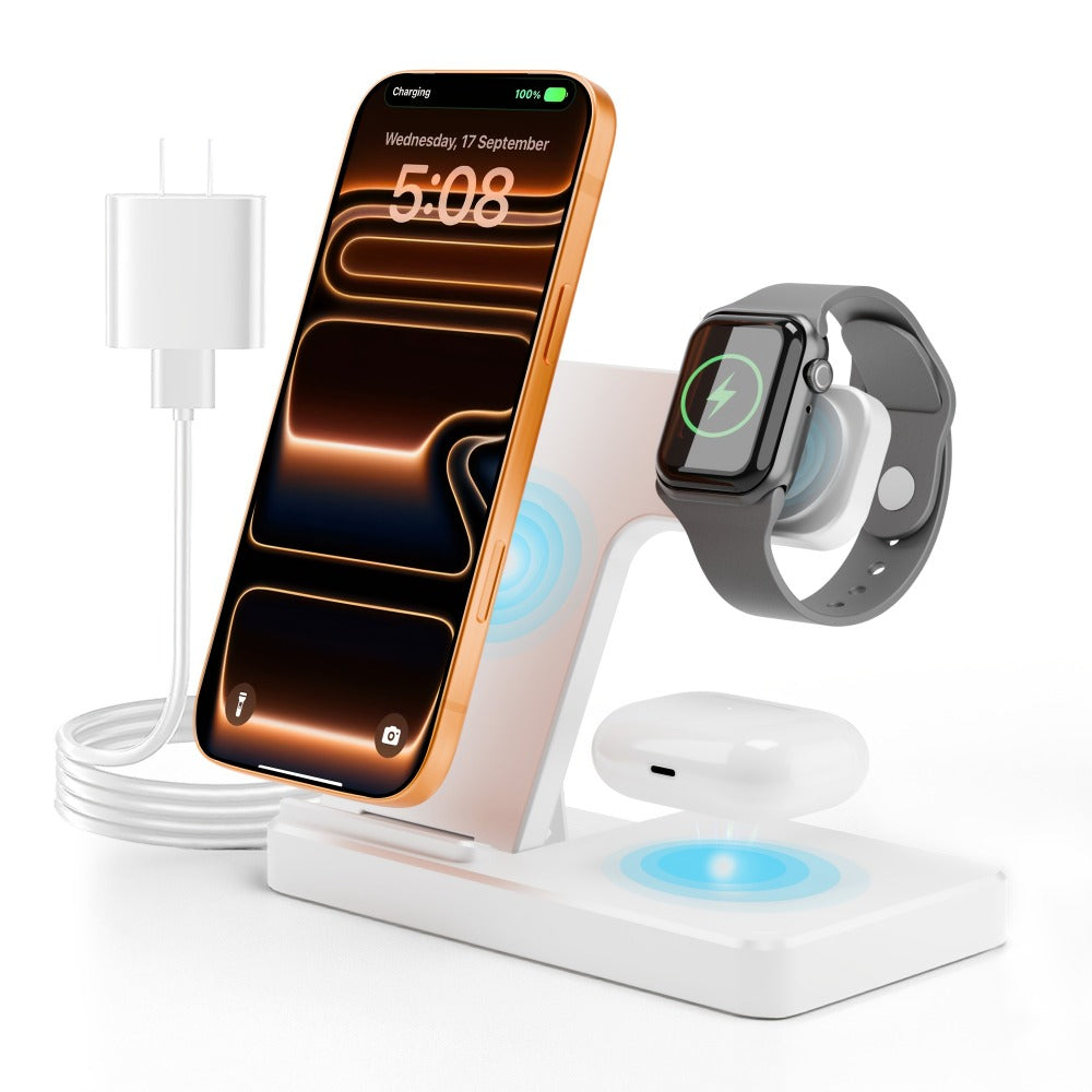 Wireless Charging Station, Foldable 3-in-1 15W Portrait-Landscape Stand with Four Black or White Adapter Options