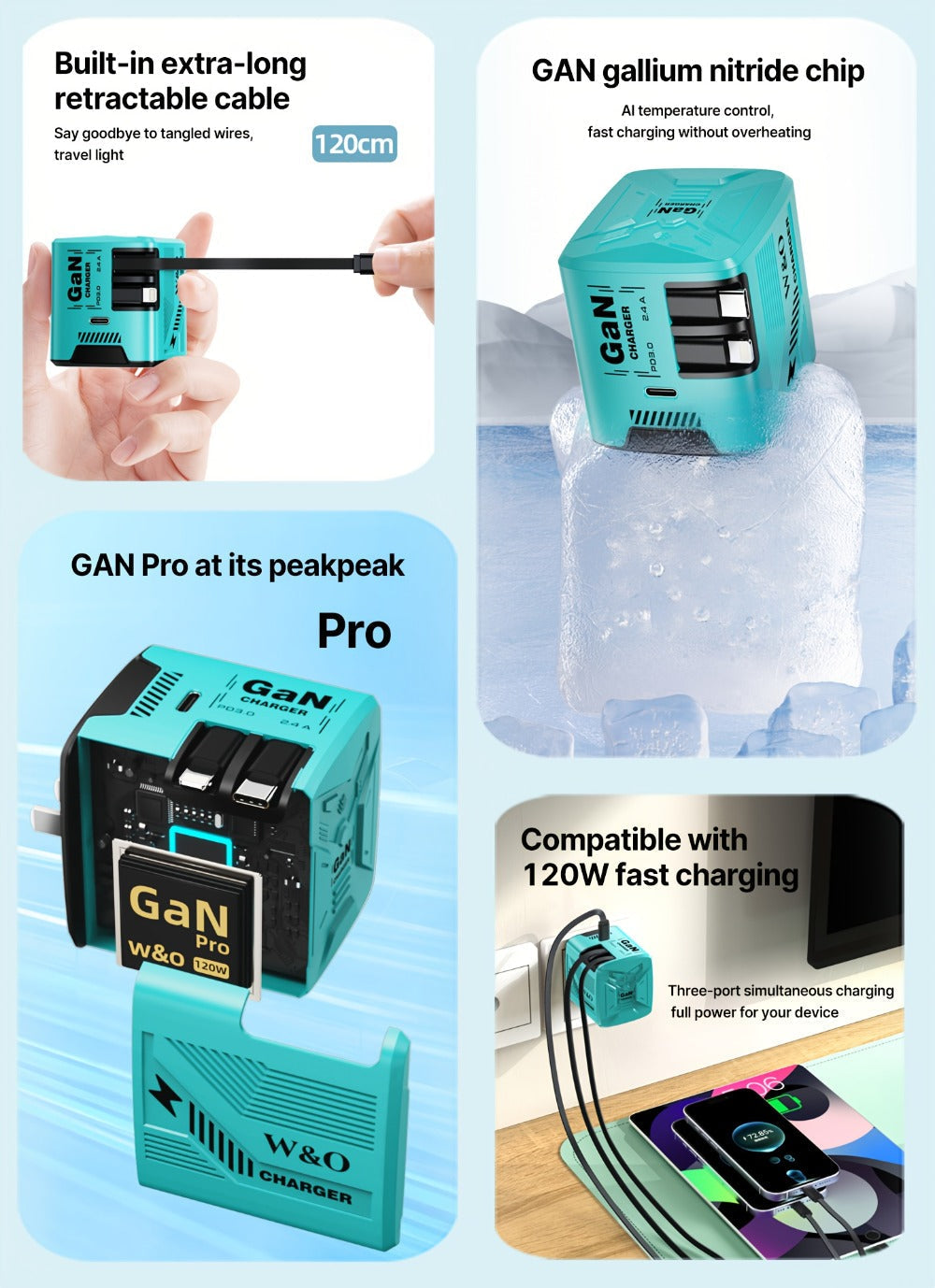 Dual Cable GaN Charger 120W with Built-In 47in Type-C & Lightning Retractable Cables, Foldable Plug – Tangle-Free Fast Charging USB-C Wall
