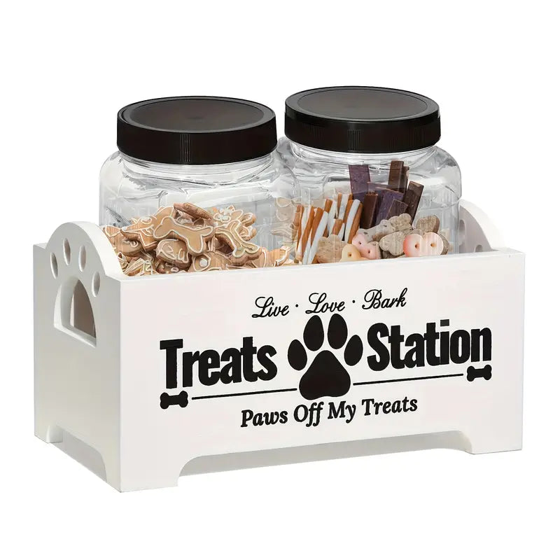 Two-Jar Pet Treat Station with Clear Canisters and Black or White Wood Holder for Countertop Storage