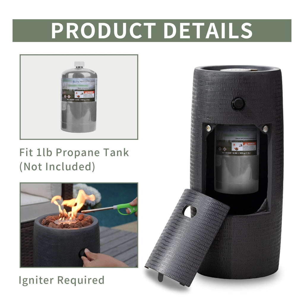 Propane Fire Pit Portable 11 Inch Outdoor 15000 BTU Self-Lighting Metal Concrete All-Weather Round Patio for Garden, Patio and Yard Use