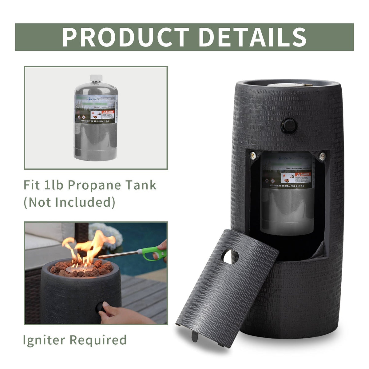 Propane Fire Pit Portable 11 Inch Outdoor 15000 BTU Self-Lighting Metal Concrete All-Weather Round Patio for Garden, Patio and Yard Use
