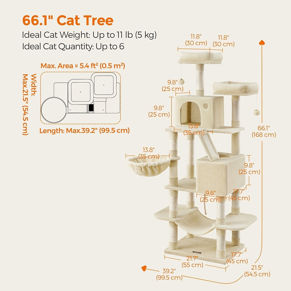 44- or 66-Inch Cat Tree Condo with Cave, Hammock, Raised Platforms and Four Color Options for Indoor Cats