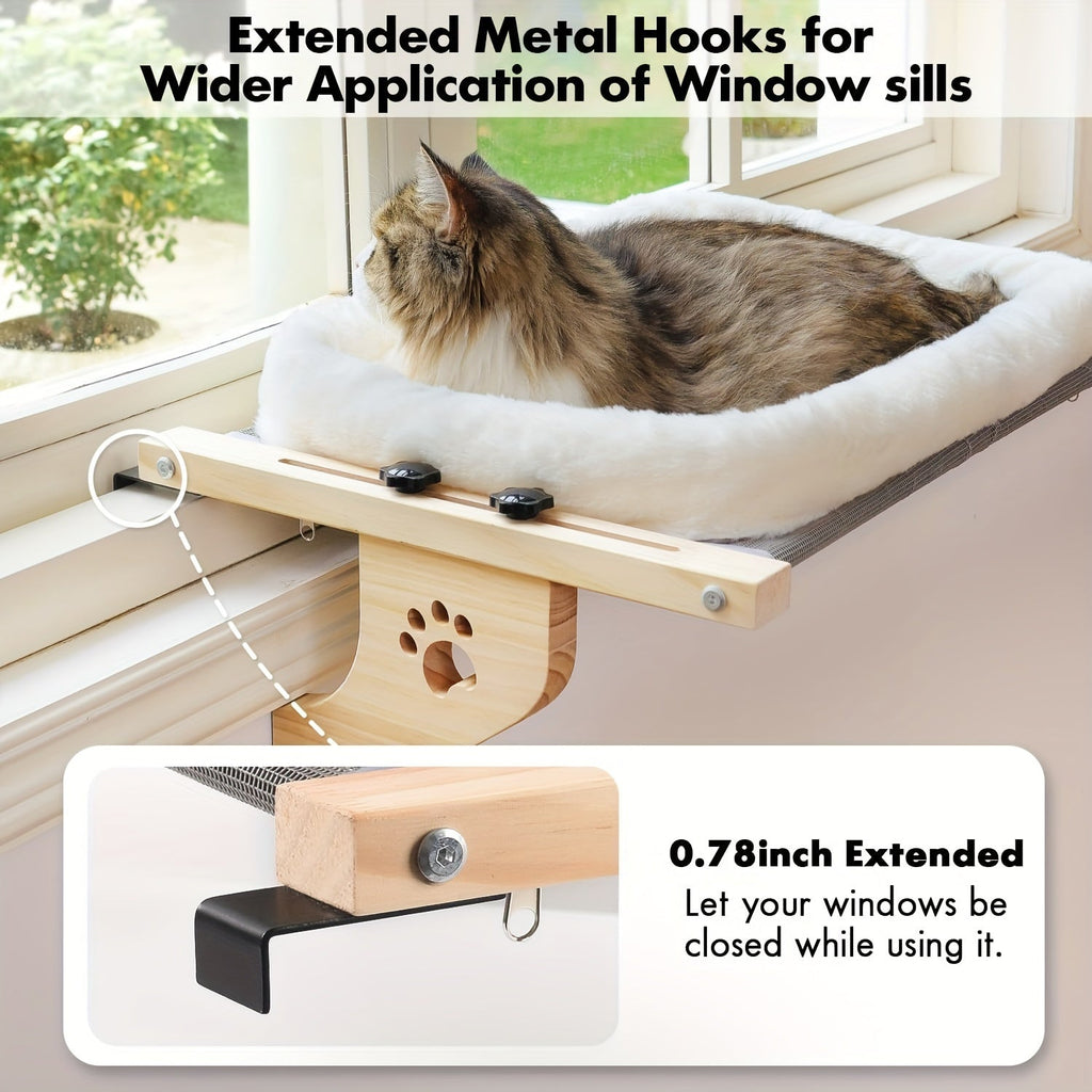 Cat Window Perch Hammock – Wood & Metal Frame Windowsill Seat for Large Indoor Cats, Adjustable Cat Shelf for Window Sill Bedside Drawer