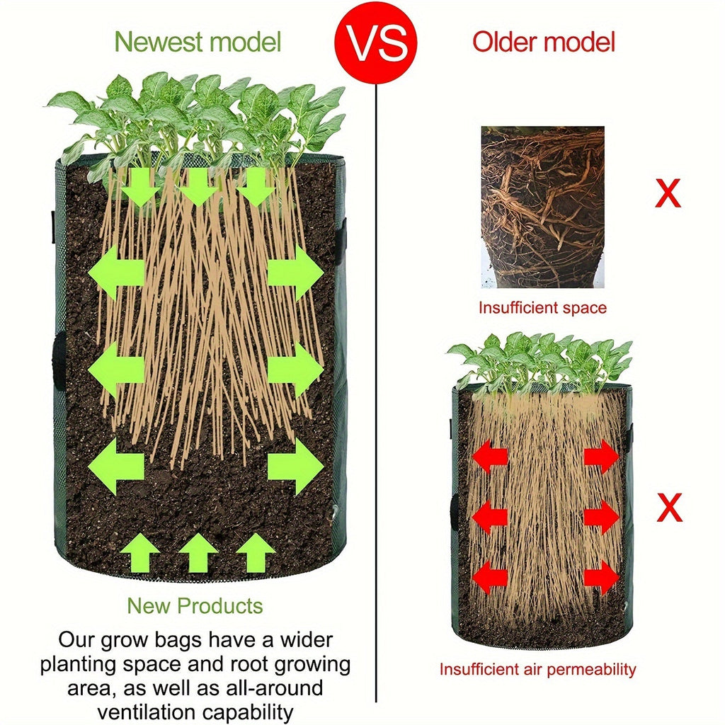 Four Green 7-Gallon-Labeled Potato Grow Bags with Side Harvest Flaps and Carry Handles for Container Planting